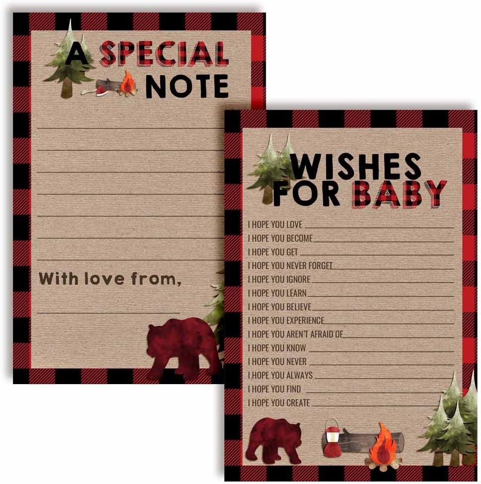 Outdoorsy Red and Black Plaid Lumberjack Baby Wishes Cards 20, 4"x6" - Great Keepsake and Fun Activity for Baby Showers - Wishes for Baby Keepsakes Last Generations - Fill-In, Double-Sided Cards