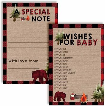 Outdoorsy Red and Black Plaid Lumberjack Baby Wishes Cards 20, 4"x6" - Great Keepsake and Fun Activity for Baby Showers - Wishes for Baby Keepsakes Last Generations - Fill-In, Double-Sided Cards