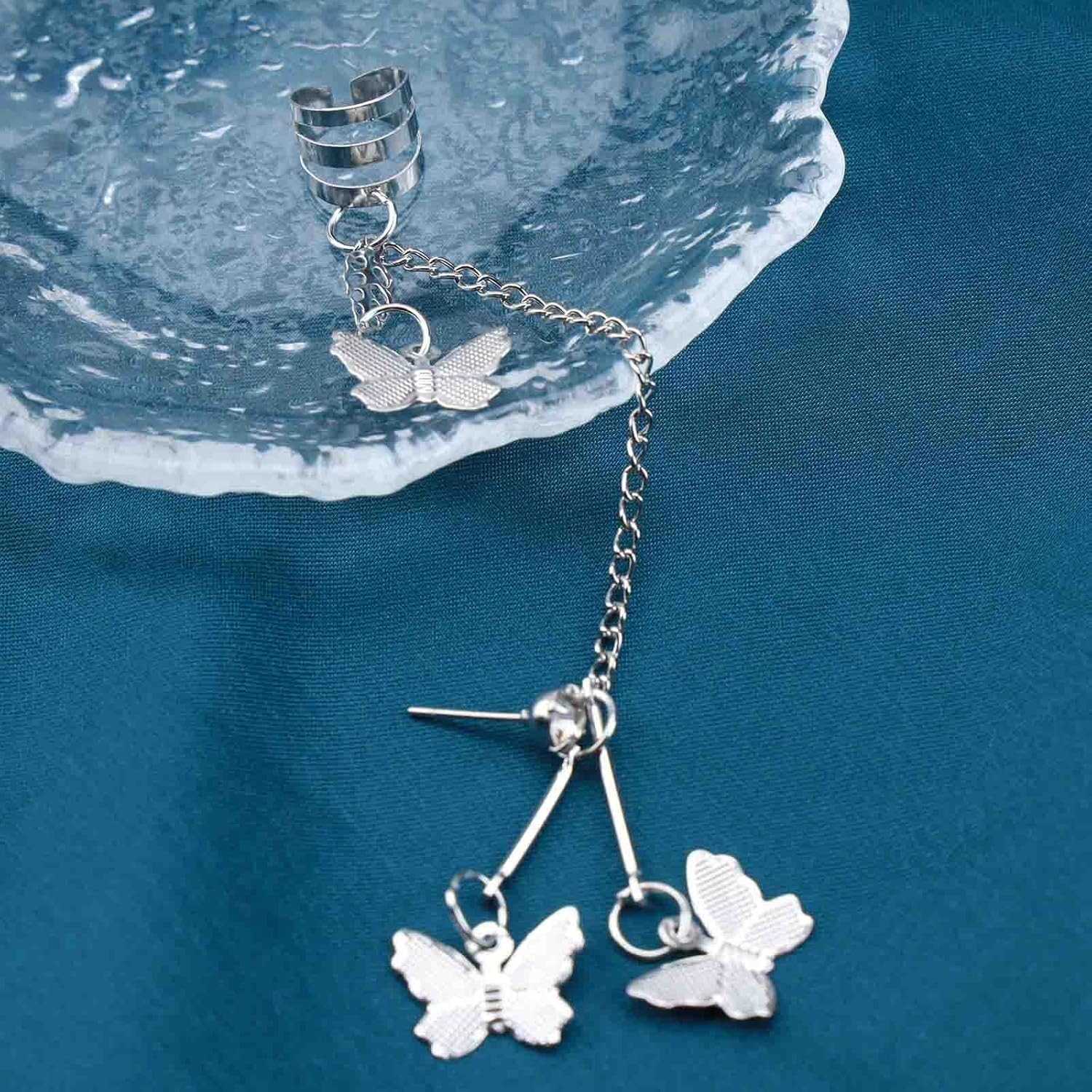 Boho Butterfly Tassel Ear Cuff Earrings Silver Butterfly Chain Earrings Butterfly Dangle Cuff Wrap Earrings Butterfly Drop Earrings Cartilage Clip On Earrings Jewelry for Women - Image 5