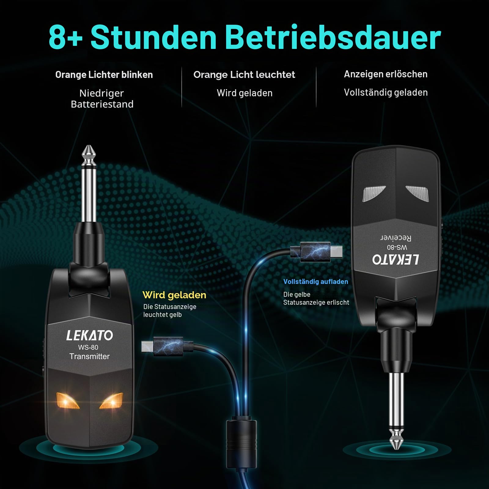 LEKATO Kabelloses Gitarrensystem,2,4 GHz kabelloser Gitarrensender-Empfänger mit 8 Stunden Laufzeit, wiederaufladbares digitales kabelloses E-Gitarrenkabel, Bass-Buchsenkabel für Gitarren bässe
