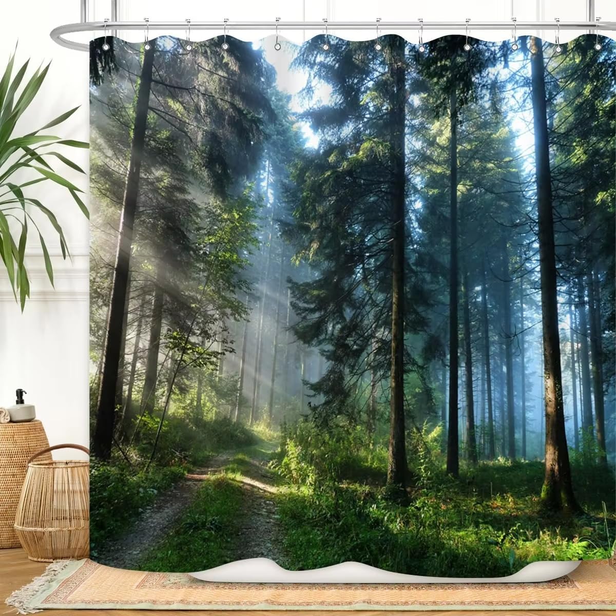 Rideau de douche forêt et soleil en tissu imperméable avec crochets 100x210 cm