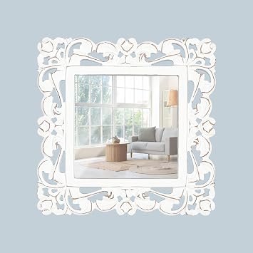 Lightnpro Hand Carved Round Farmhouse Accent Wall Mirror - 18" Rustic White Wooden Frame - Decorative Mirror for Bedroom Bathroom Restroom, Entryway, Living Room Hanging Wall Decor