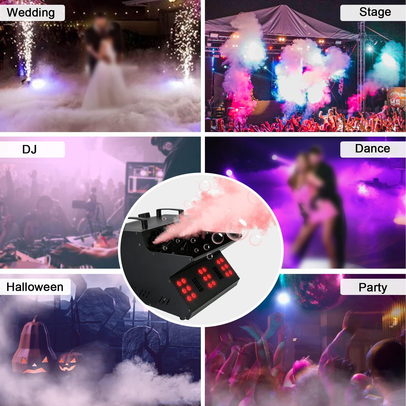 Maszyna do dymu przeciwmgielnego CO2 z 18 diodami LED RGB, DMX Stage Fogger Bubble Machine z 2 wentylatorami na ślub, Halloween, imprezę efekty sceniczne