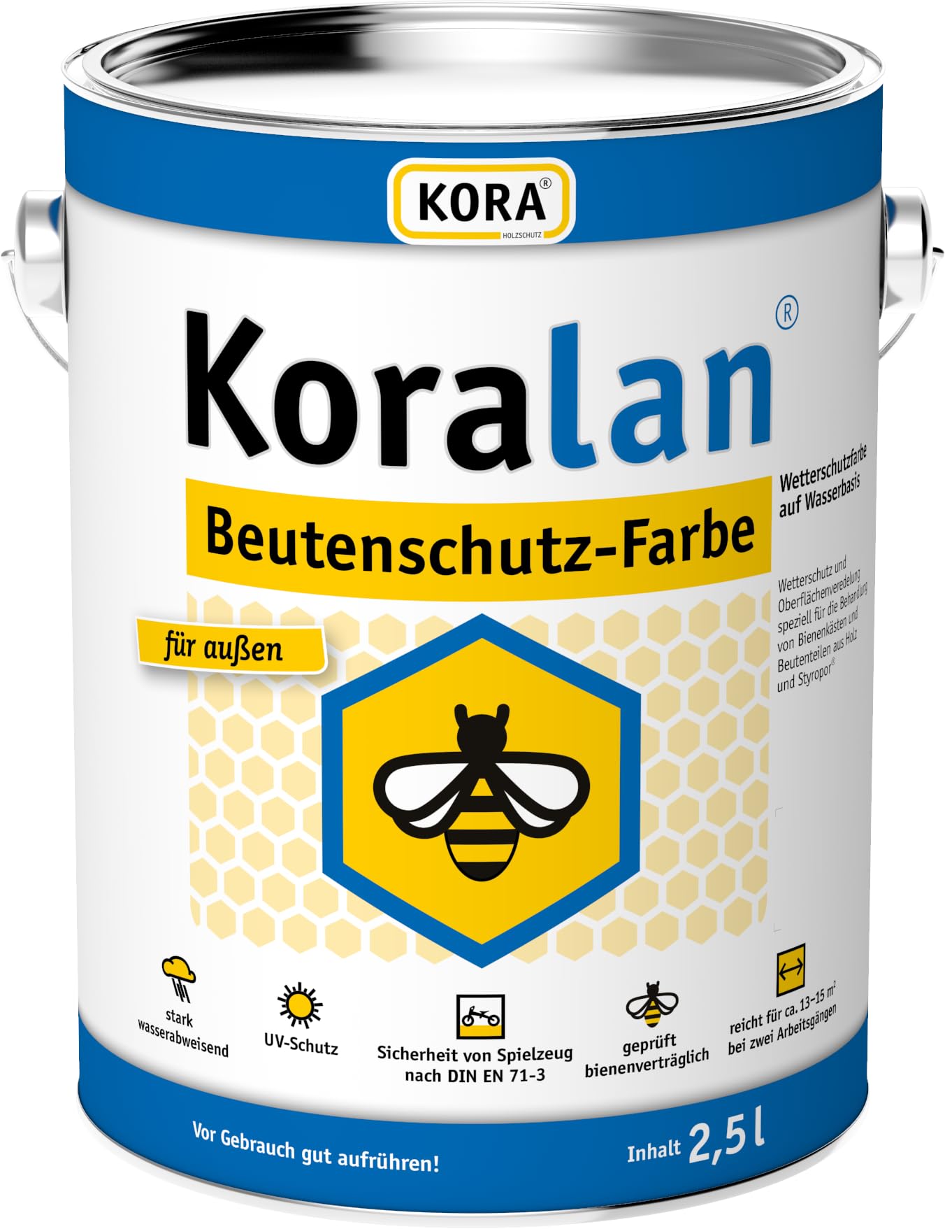 Koralan KORA Beutenschutz-Farbe für Bienenbeuten & Bienenkästen aus Holz & Styropor - wetterfeste Beutenfarbe, bienenverträglich, deckend, wasserbasiert & UV-beständig (Weiß, 2,5 Liter)