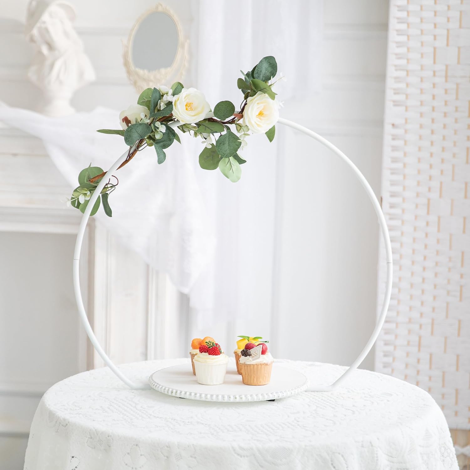 GENMOUS Wedding Cake Stand with Wood Stand Base, Gold 20" Round Arch Cake Stand Set, Metal Floral Hoop Centerpiece for Table, Large Cake Display Stand for Party, Events, Birthday Reception