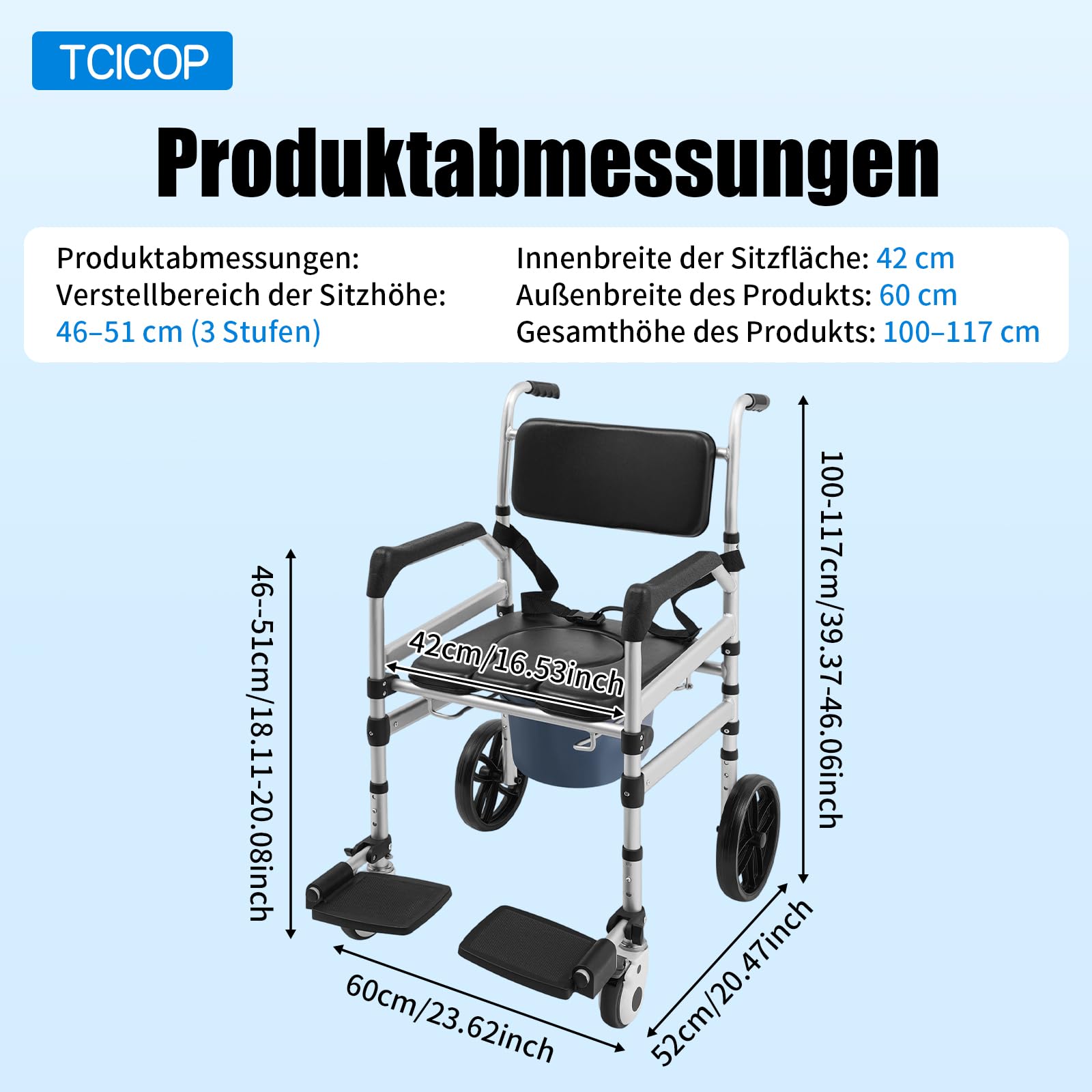 Toilettenstuhl für Senioren, Höhenverstellbar Duschstuhl mit Rollen, Faltbar Duschstuhl Toilettenhilfen, Mobil Toilettenstuhl 160kg Tragfähigkeit, für Badezimmer