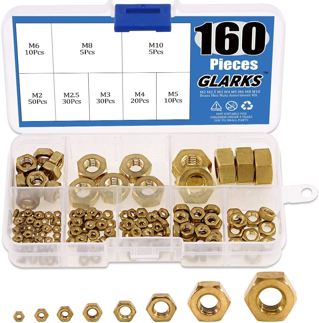 Glarks 160Pcs Metric M2 M2.5 M3 M4 M5 M6 M8 M10 High Strength Brass Hex Nuts Assortment Kit