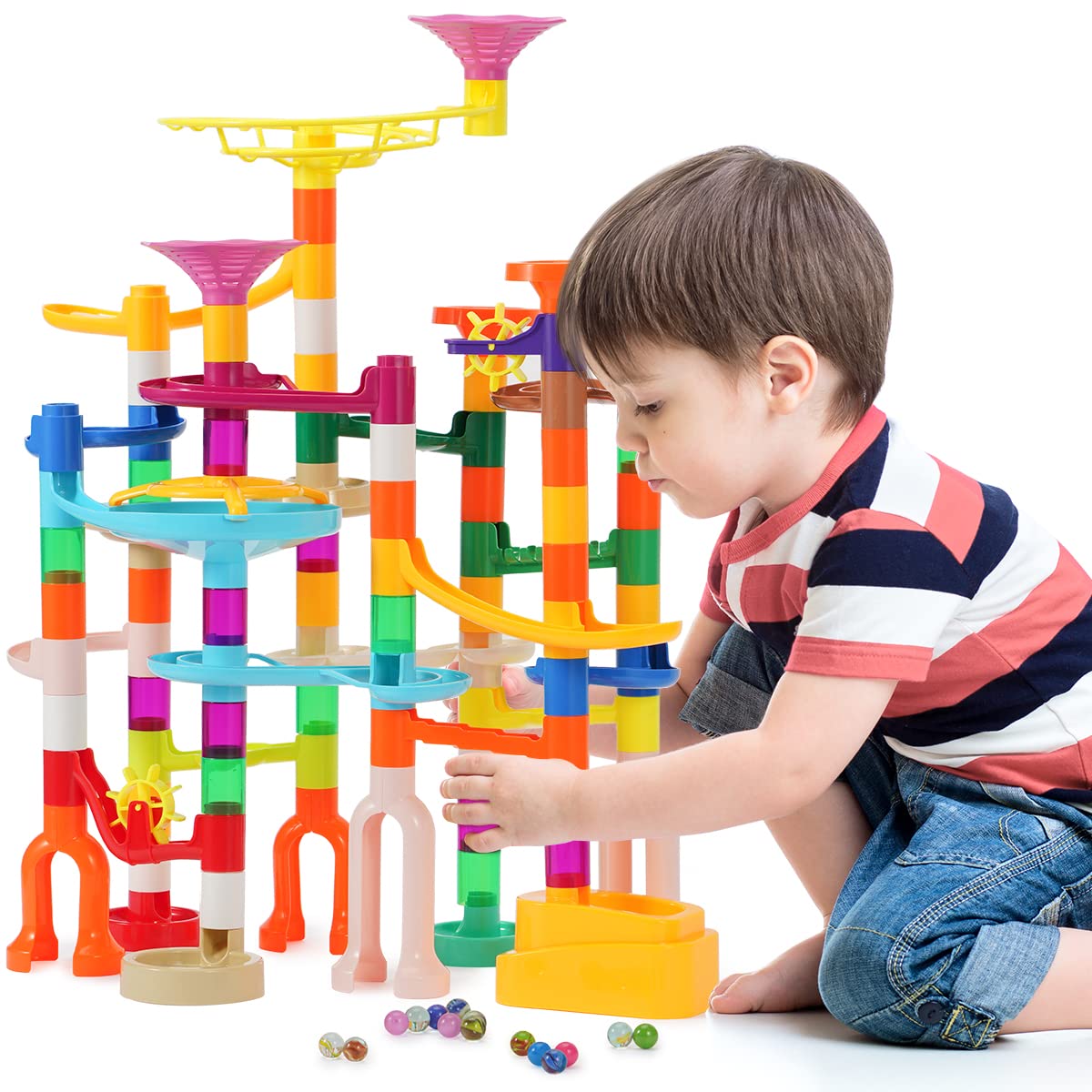 ifollower Murmelbahn Kinderspiel - Update 166 Teile Mehrfarbiges Murmelbahn-Set mit spannenden Bahnelementen und Glasmurmeln, Motorikspielzeug und Konstruktionsspielzeug für Kinder Mädchen Jungen 3-12
