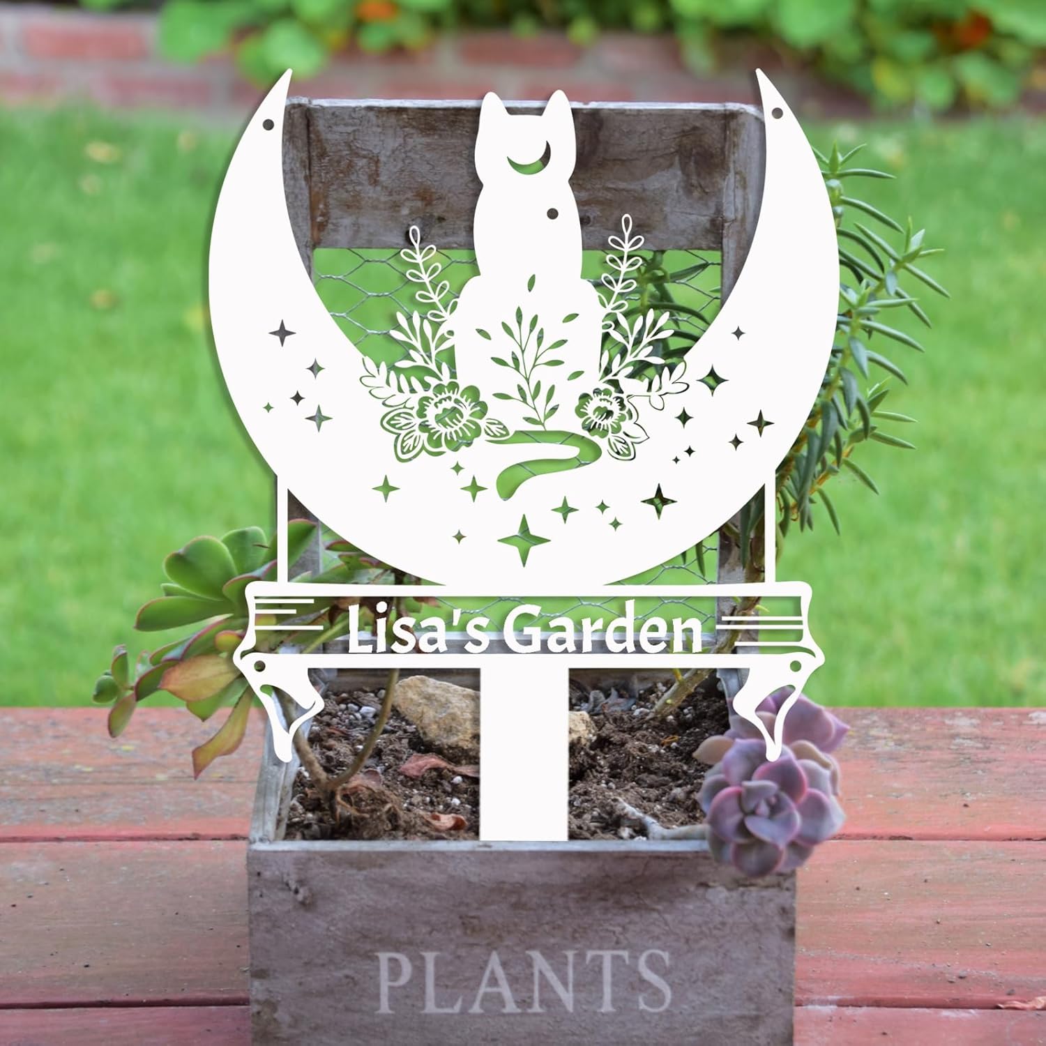 Custom Flowers Cat Garden Sign Metal Stake, Personalized Moon Cat Garden Stake Sign Outdoor Garden Decor Cat Silhouettes for Yard Decoration, Decorative Garden Stake Yard Sign
