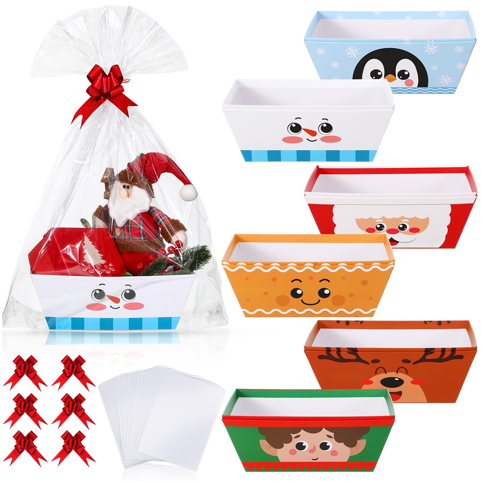 Cholemy Paquete de 12 cestas vacías de regalo de Navidad de 12 x 10 x 4 pulgadas, incluye 12 cestas de regalo de cartón con asas, 12 bolsas envolventes, 12 lazos para Navidad, bodas, aniversarios
