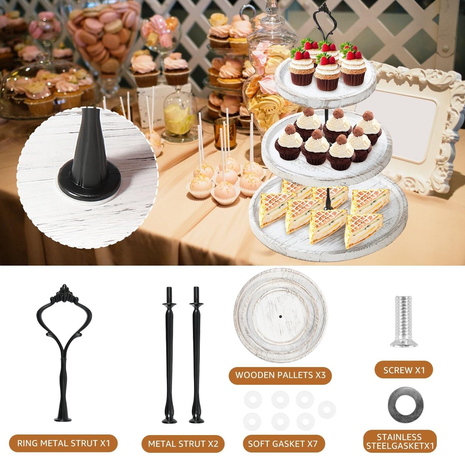 Présentoir à Desserts Présentoir À Gâteaux À 3 Niveaux en Bois, Rond, for Cupcakes Et Fruits Fêtes et Pâtisseries(White)