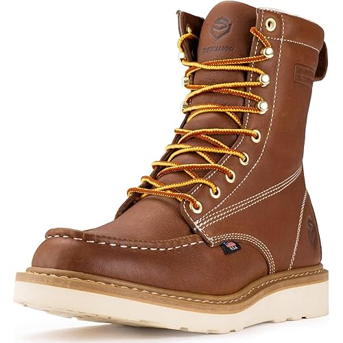 SUREWAY 8in Wedge Moc Toe Work Boots for Men - Soft Toe,Premium Full-Grain Leather,Safety Work Boots/Shoes,Comfort Insole,Oil/Slip Resistant,GoodyearWelt,EH Rated Industrial Construction