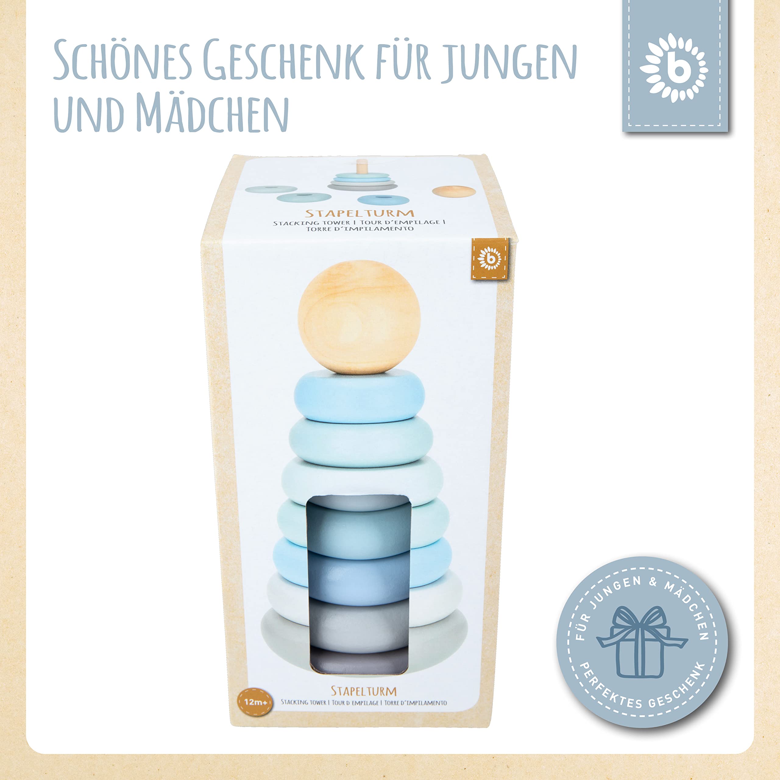 Bieco Tour Empilable Bébé Bois FSC – Anneaux à Empiler – 19 Cm – Dès 1 An – Design Scandinave Chic