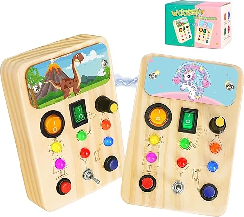 Paquete de 2 tablas de actividades para niños pequeños, juguetes Montessori con luz LED, juguetes sensoriales de madera para actividades de niños y
