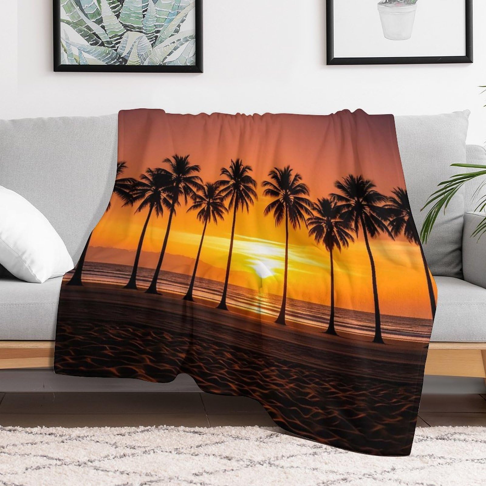 Custom Tropical Sunset Beach Blanket Lightweight Flannel Fleece Throw for Couch Sofa Bed Luxury Soft Cozy Plush Lap Bedtime Blanket for All Seasons Bedroom Home Decor Gifts 60x80
