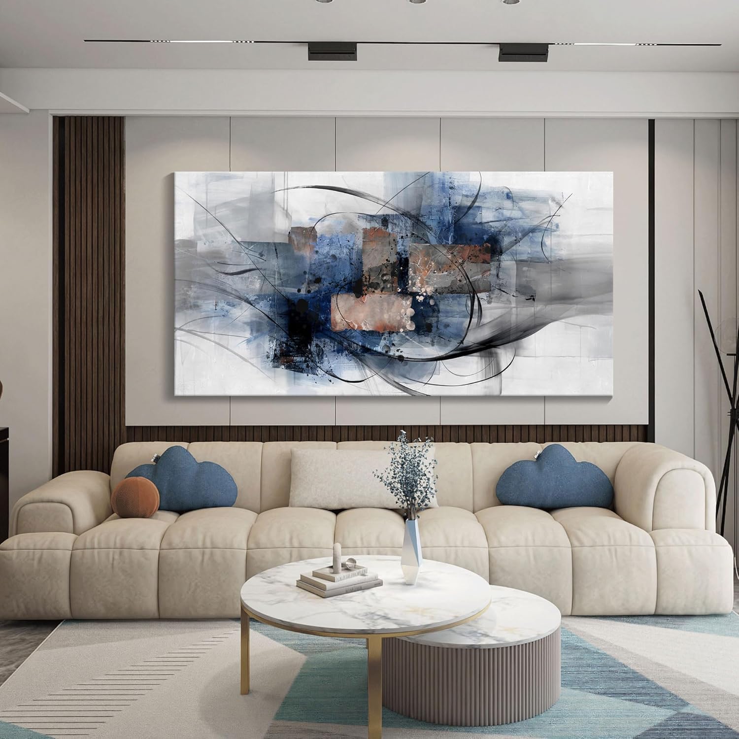 lianyibo Large Canvas Wall Art Abstract Wall Art - Modern Black and White Paintings,Blue and Grey Living Room Wall Decor(70x140/Frameless)