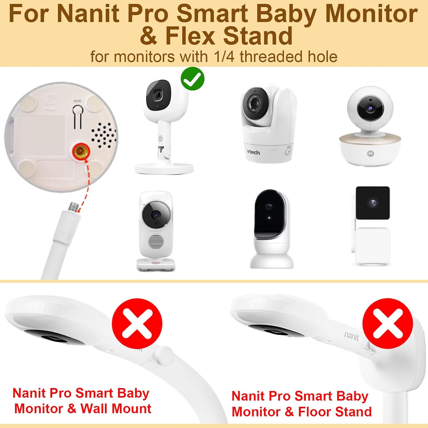 Baby Monitor Mount for Nanit Pro Smart Baby Monitor & Flex Stand, Also for Cameras with 1/4 Screw Stand, Flexible Clip Clamp Mount Adjustable Monitors Holder Without Tools or Wall Damage