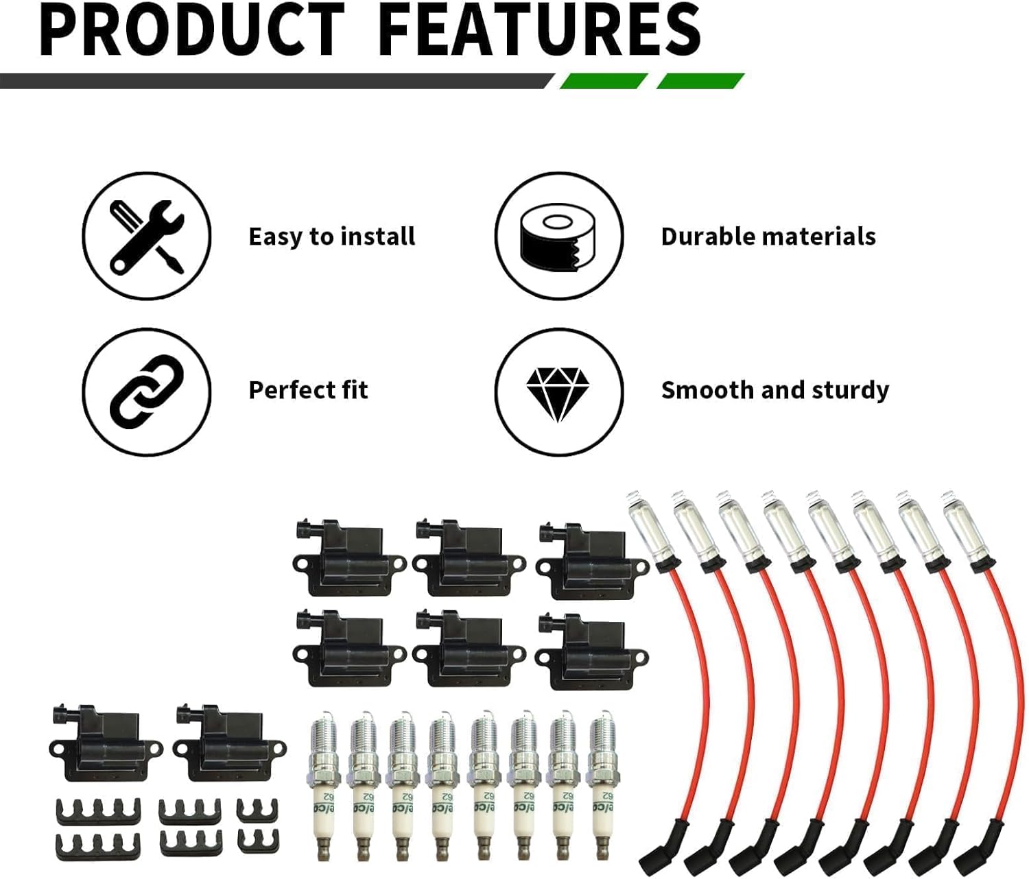 8 Pack Square Ignition Coil D581 UF-271 & Iridium Spark Plug Wire M8-48322R Compatible with Silverado 1500 2500 3500 4.8L 5.3L 6.0L 8.1L 1999-2007 12556893 12558693 12570553 3859078 38590782