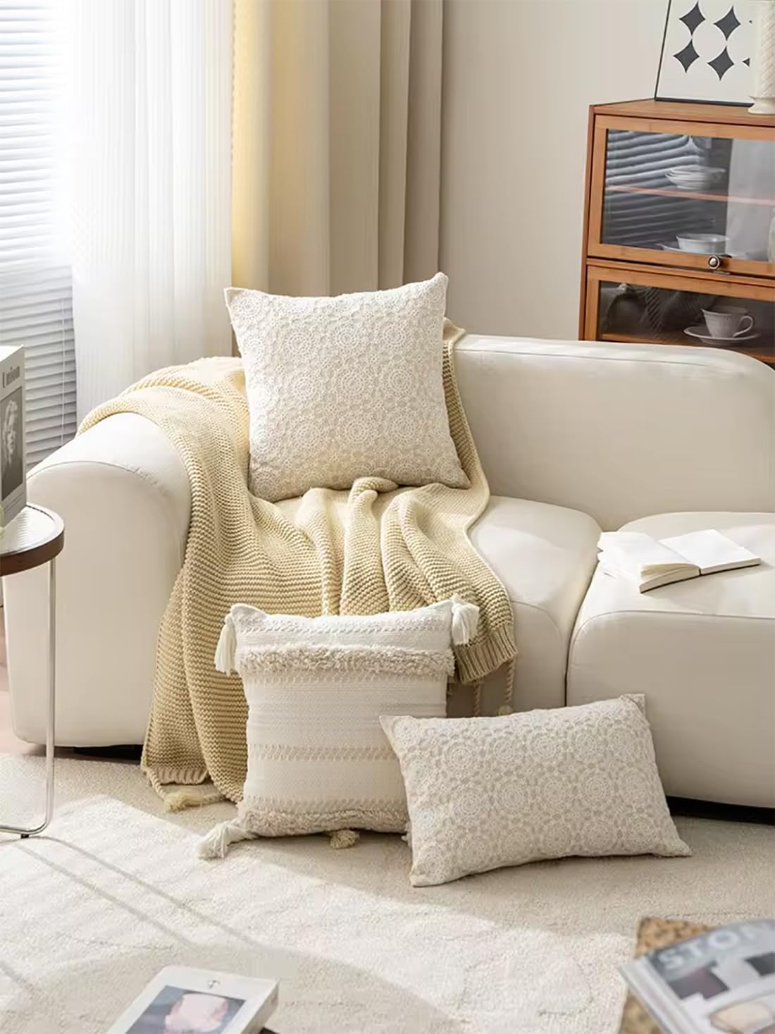 Fennco Styles Embroidered Lace Floral Decorative Throw Pillow Cover 18" W X 18" L – White Kaleidoscope Cushion Case for Couch, Sofa, Bedroom, Office and Living Room Décor