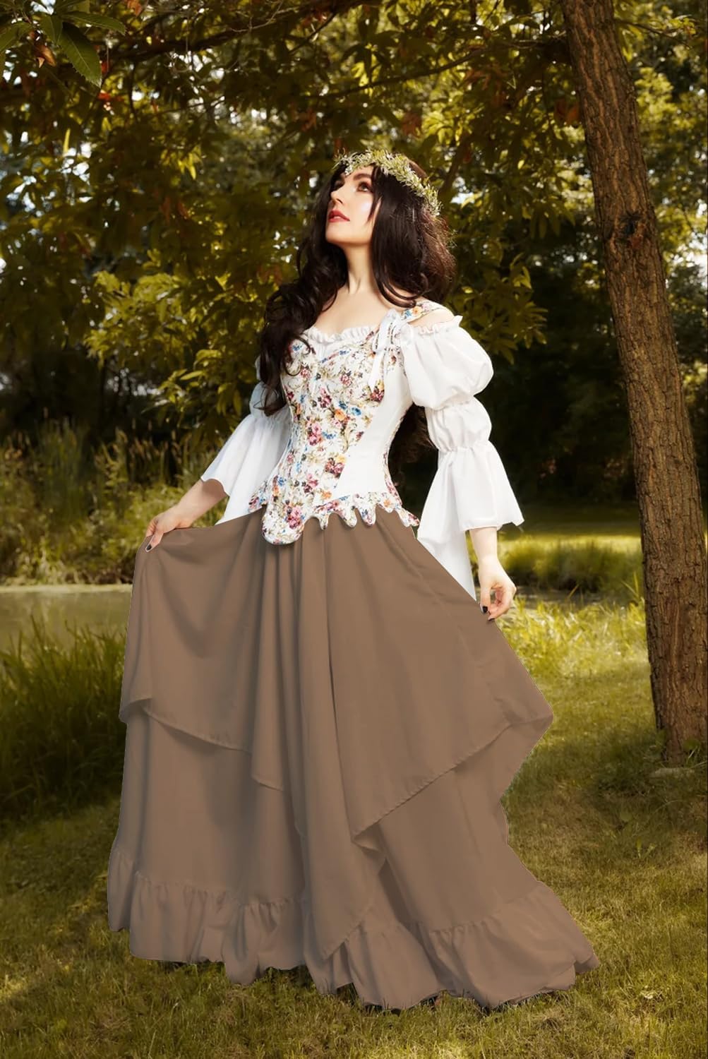 BITSEACOCO Women Renaissance Fairy Layered Dress Victorian Irish Costumes Halloween Cosplay Medieval Gothic Pirate Dresses