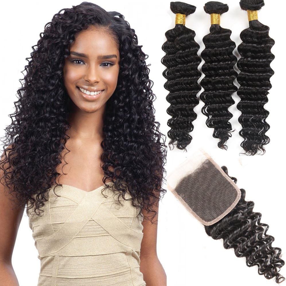 VRHOT 8A Brazilian Hair Bundles Deep Wave with Closure Virgin Hair Weave Human Hair Extensions Unprocessed Natural Color 3 Hair Bundles Free Part Lace Cosure (18'' 20'' 22'' with 16'' Closure)