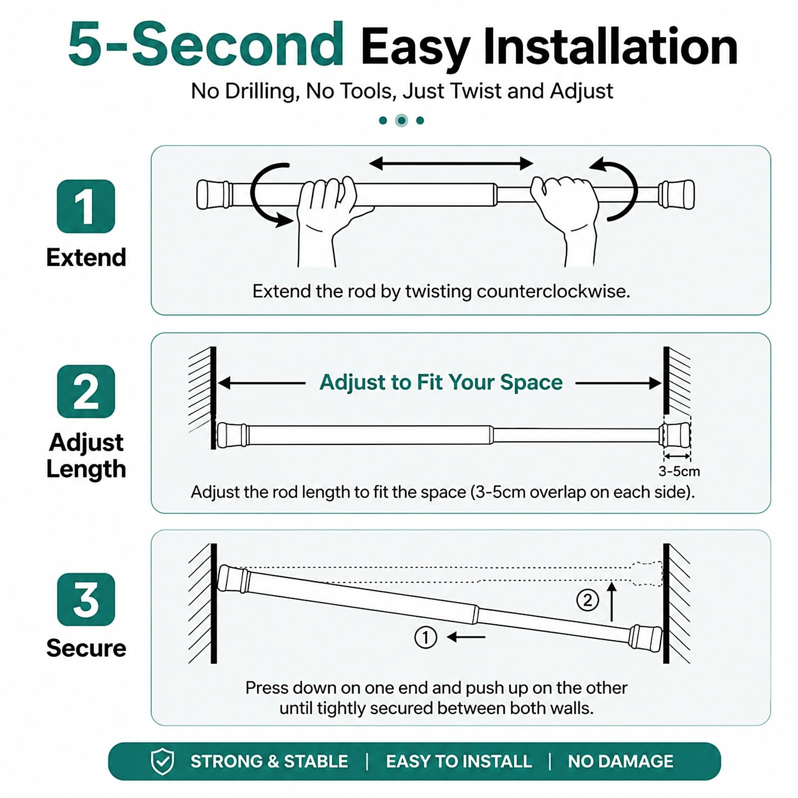 Barra Ducha Extensible de Alta Resistencia, Ajustable de 40 a 290 cm | Barra Cortina Ducha Extensible Blanca con Resorte. No Requiere Taladro Para Puertas, Armarios(130-250cm/51-99in)