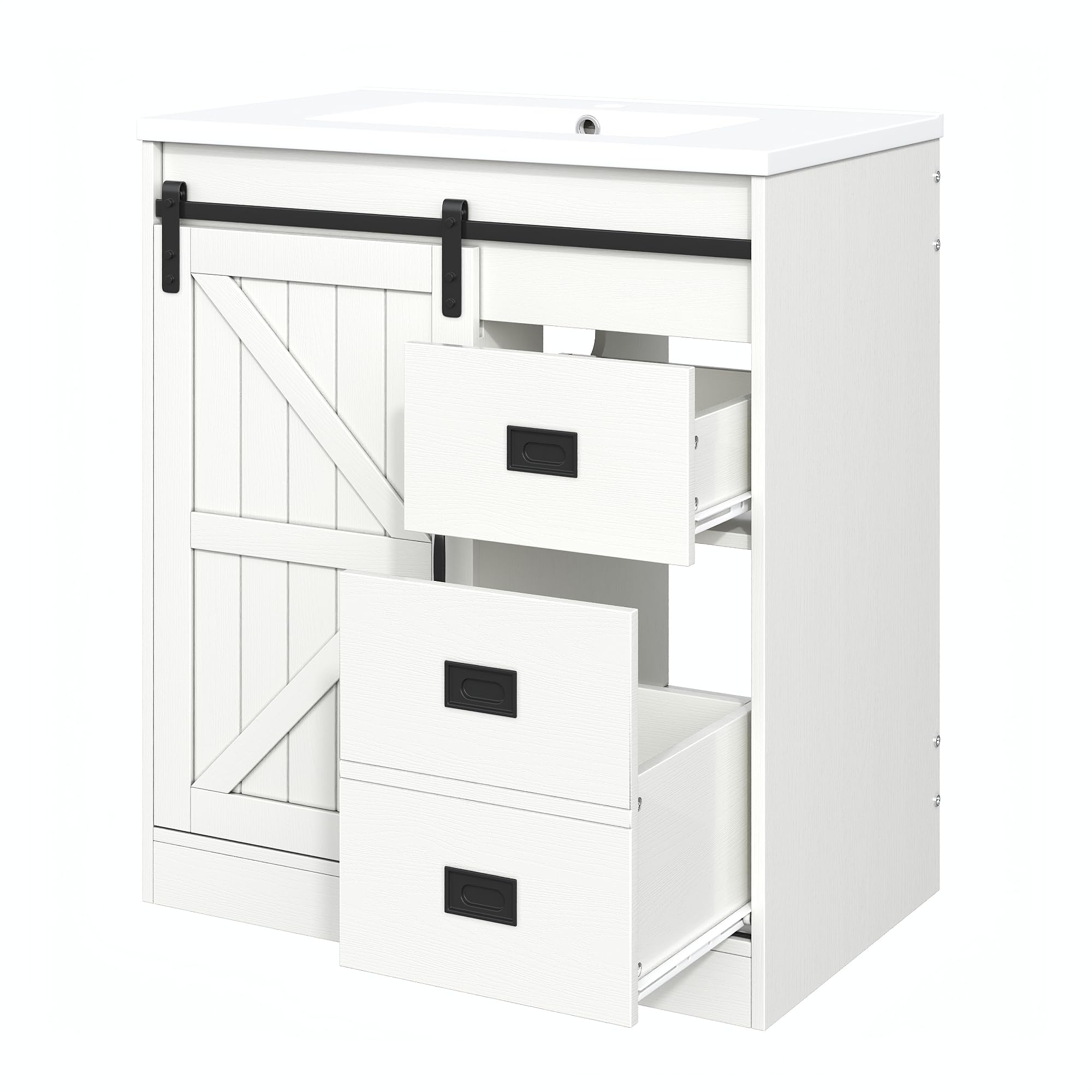 Mueble de baño moderno con lavabo de cerámica y cajones, color blanco