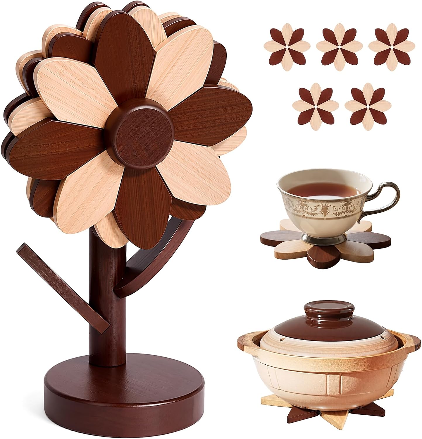 Petal-Shaped Wooden Trivets for Hot Dishes with Stand, Walnut