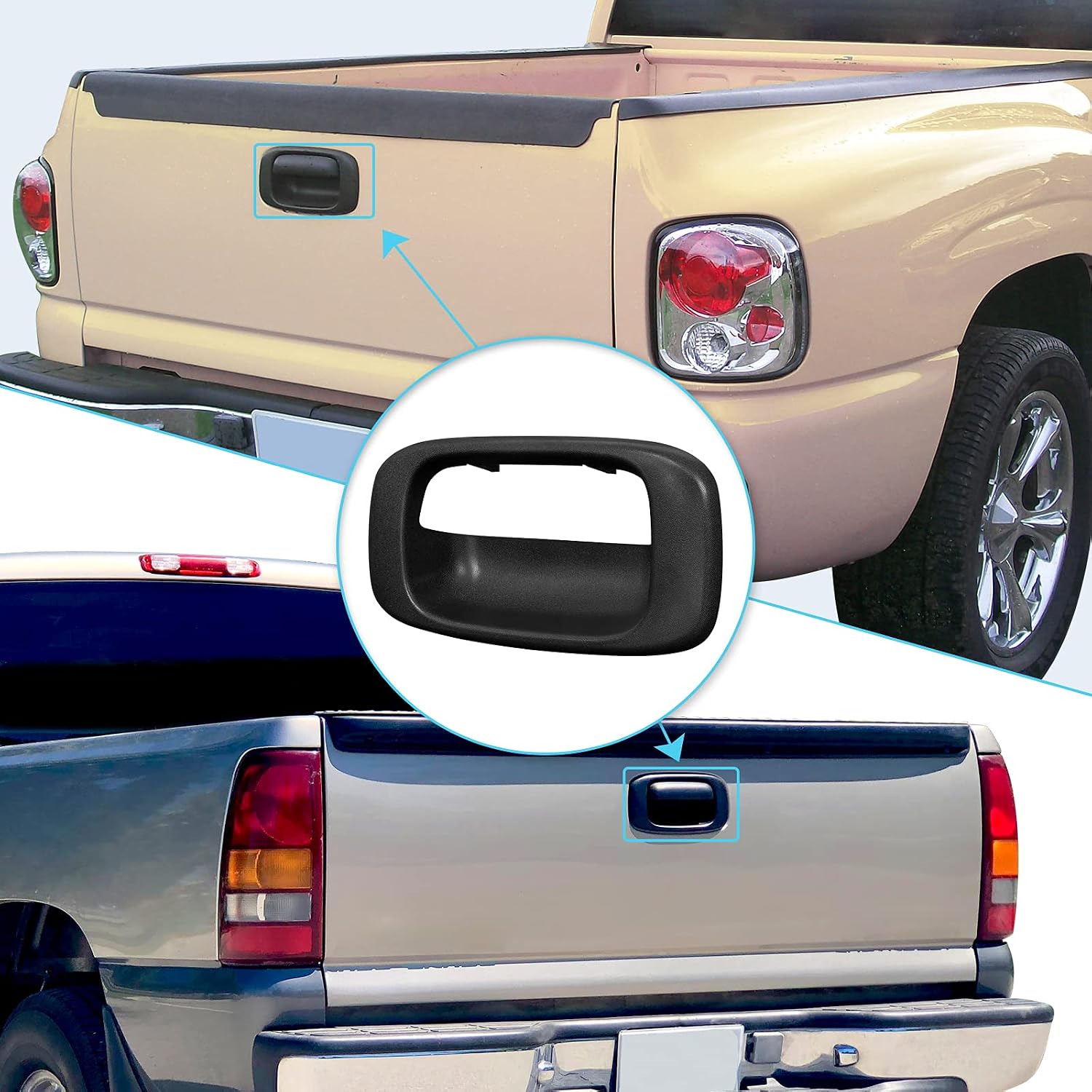 MuHize Tailgate Handle Bezel & Latch Replacement for 1999-2007 Chevy Silverado & GMC Sierra - OEM Car Handle Fit Black (Fits Regular/Extended/Crew Cab)