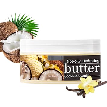 Vanilla Coconut Body Butter for Dry Skin,Deep Moisturizing Body Cream with Shea Butter & Coconut Oil,Lightweight Non-Greasy Body Lotion,Nourishing Skin Softening Body Butter for Women / 7 Oz