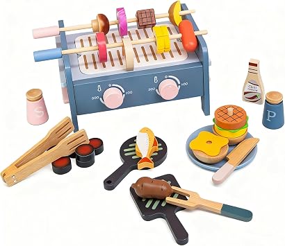 Wooden Toys BBQ Grill Barbecue set, Toddler Wood Kitchen Toys
