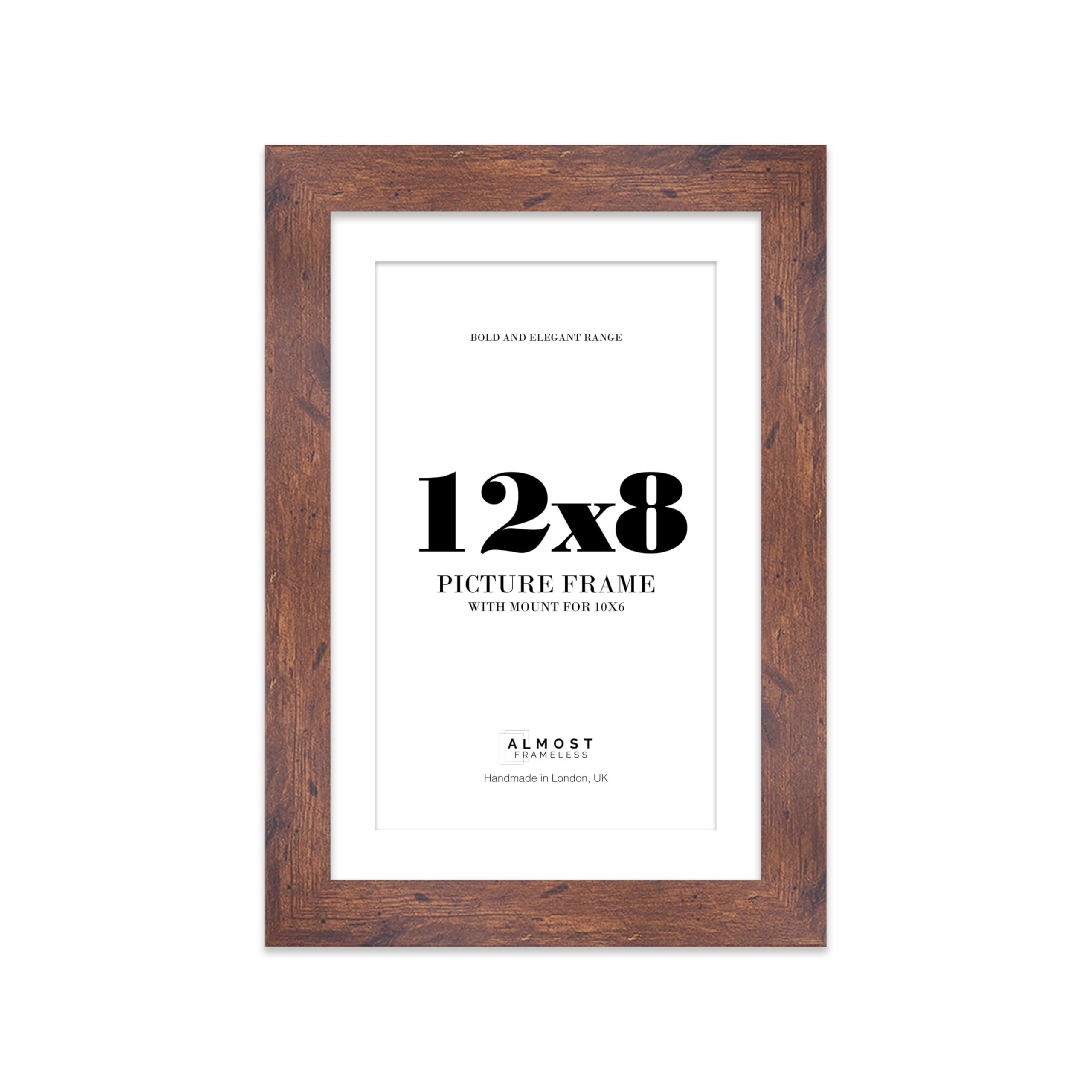 12x8 Rustic Wood Frame With Mount for 10x6 Pictures 28mm Edge Portrait and Landscape Display with Wall Hooks and Kickstand, 1 Pack