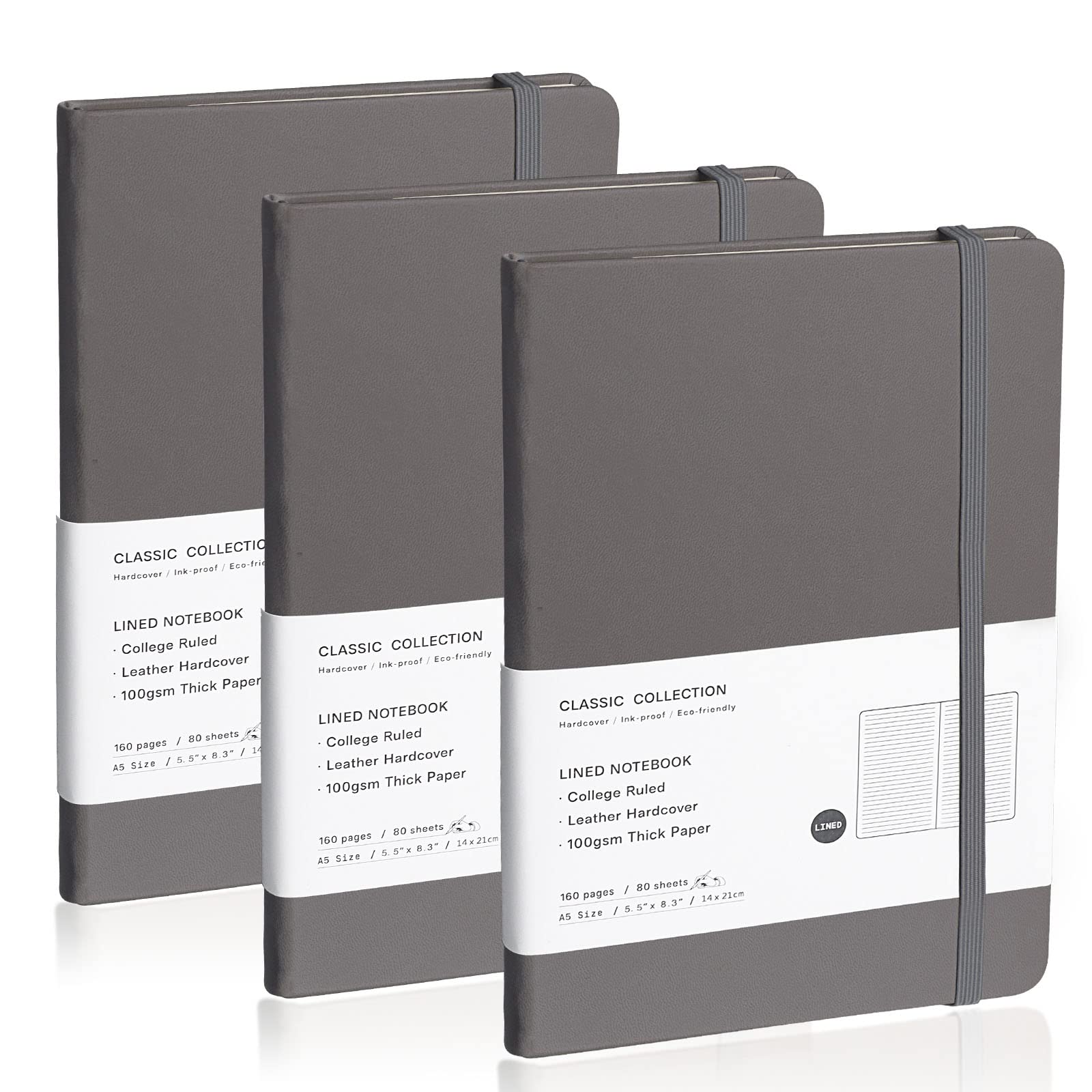 Lined Journal Notebook, 3Pack(Dark Gray), 160 Pages, Medium 5.7 inches x 8 inches - 100 gsm Thick Paper, Hardcover
