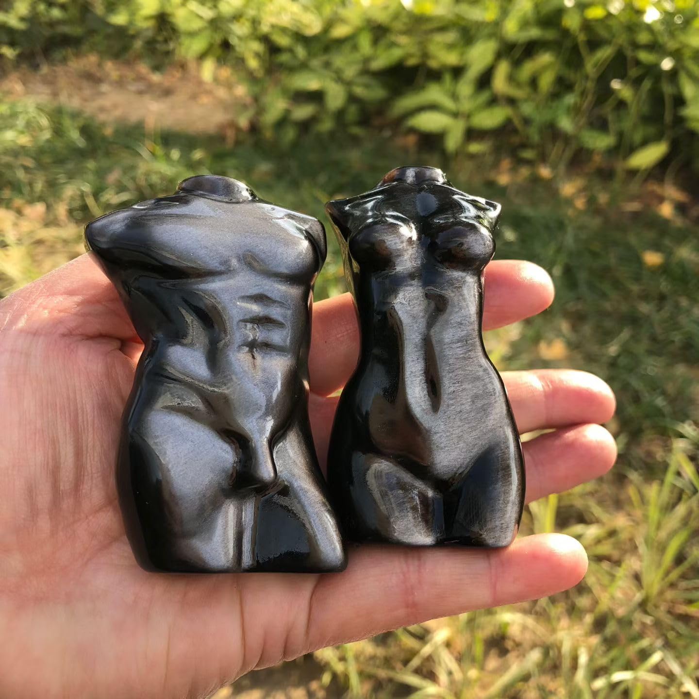 2PCS Silver Black Obsidian Torso Sculptures, Hand-Carved Male and Female Figurines, 3-4 Inch Decorative Art Pieces, Natural Volcanic Glass with Polished Finish