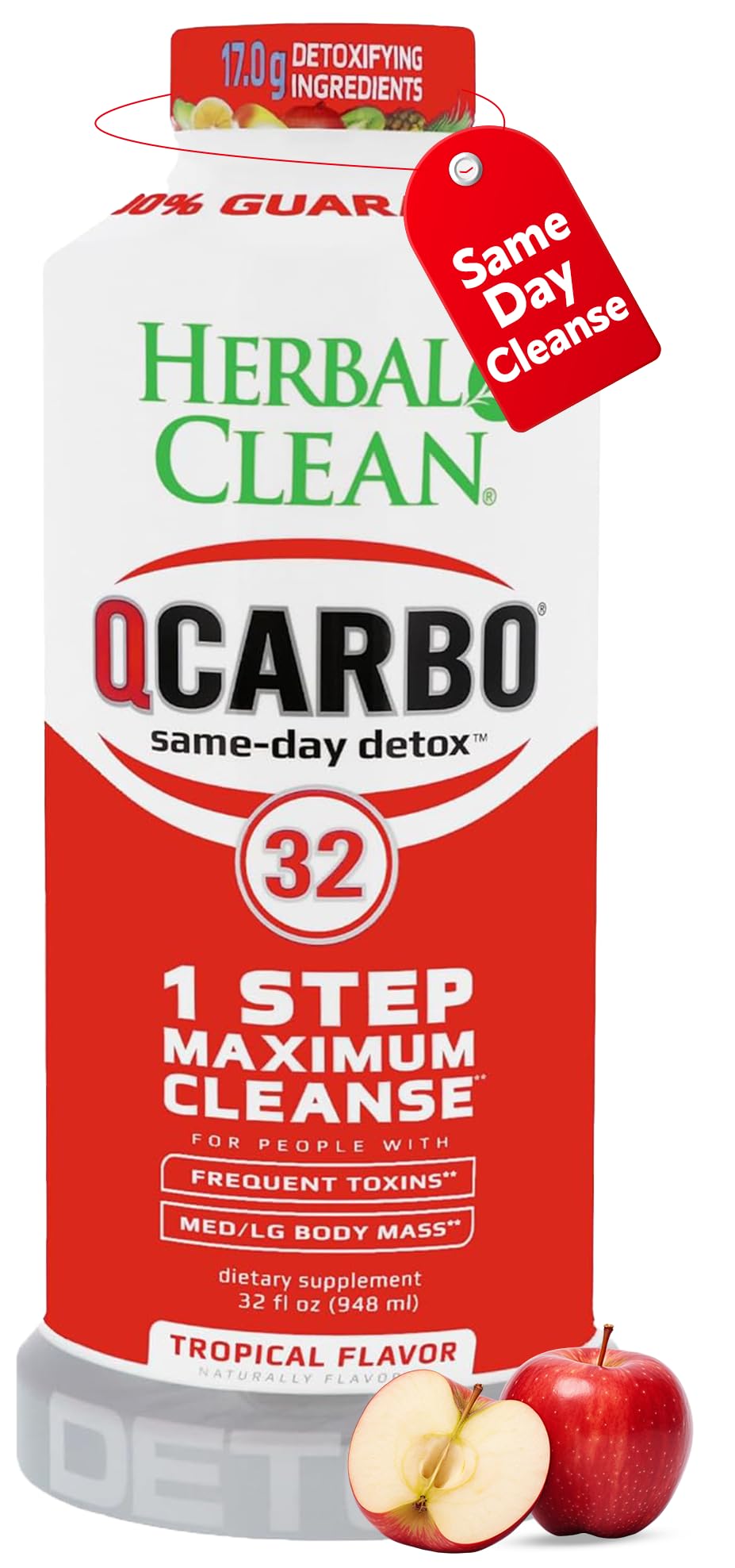 Herbal Clean Qcarbo32 Same-Day Detox Cleanse Drink (32 fl oz) - Tropical Flavor Full Body Cleanse* Detox Drink for Moderate Toxin Level*, Vitamin B2 and Vitamin B12 for Men & Women