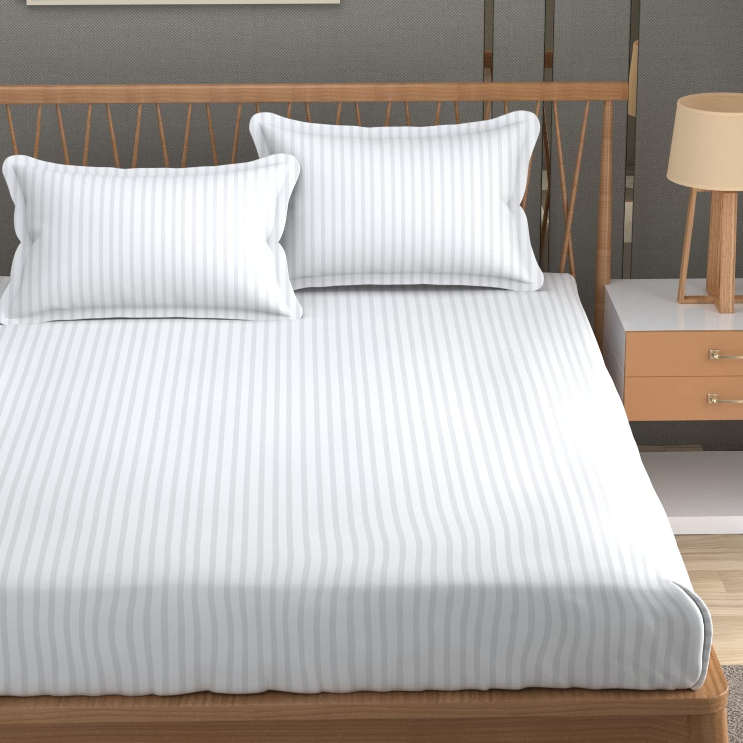 Homefab India 160 TC Stripe Glace Cotton Double BedSheet with 2 Pillow Covers - (90x90 inches) - White