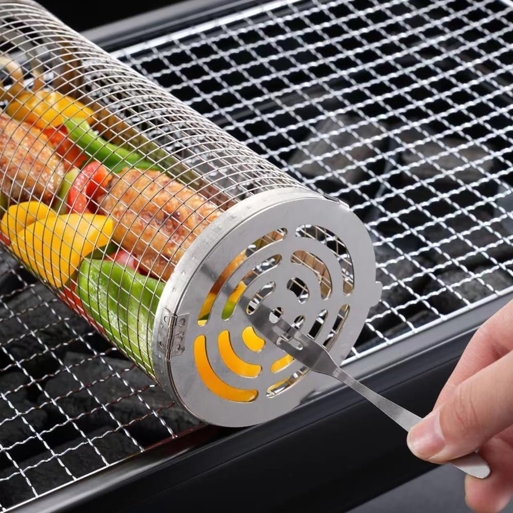 Generic Rolling Grill Baskets for Outdoor Grill, Grill Nets for Grill Vegetable, Barbecue Stainless Steel Wire Mesh Cylinder, Grill Baskets for Outdoor Grill, Gift for Men Dad Husband Him