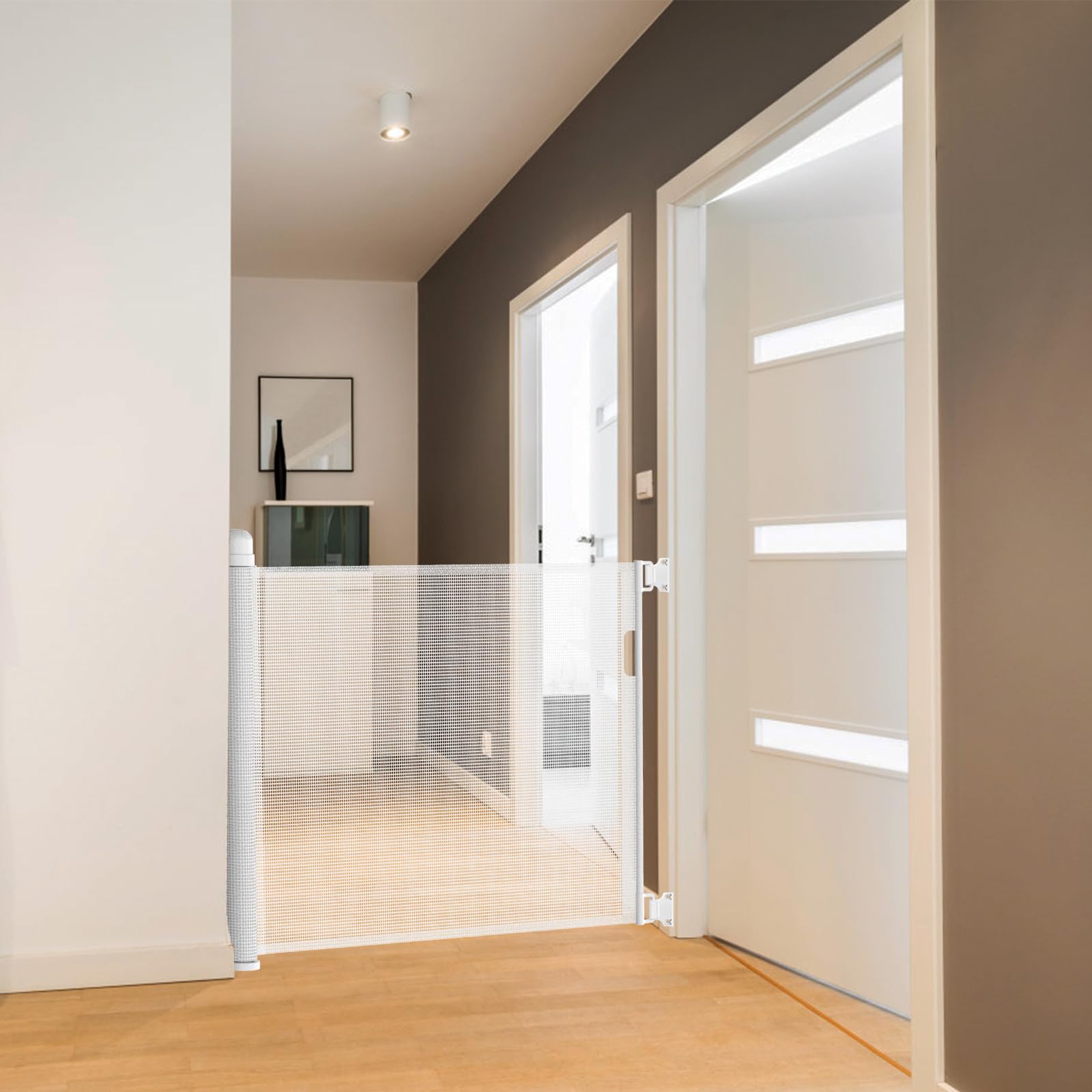 UISEBRT Cancelletto di sicurezza per porta a rullo, cancelletto di sicurezza per scale a rullo, estensibile 0-180 cm, barriera, cancelletto per porta per cani, per neonati e animali domestici, bianco