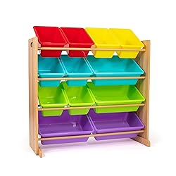 Humble Crew Kids Toy Storage Organizer with 12 Plastic Bins, Natural Wood/Rainbow – Removable Bins for Playroom, Bedroom, Toddler Furniture for Boys and Girls Ages
