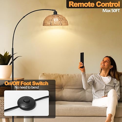 Miniatura 9 de Lámpara de pie bohemia, lámpara de pie de ratán de granja, lámparas de pie de arco bohemio con pantalla de ratán ajustable para colgar, interruptor