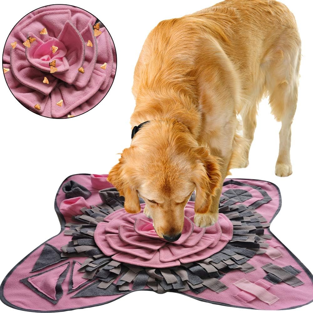 BBDOGO Pet Snuffle Mat Nosework Blanket Slow Feeding Pad Fun Playmat Toys for Dog Relieve Stress CW085 (72x71cm, Pink & Grey)