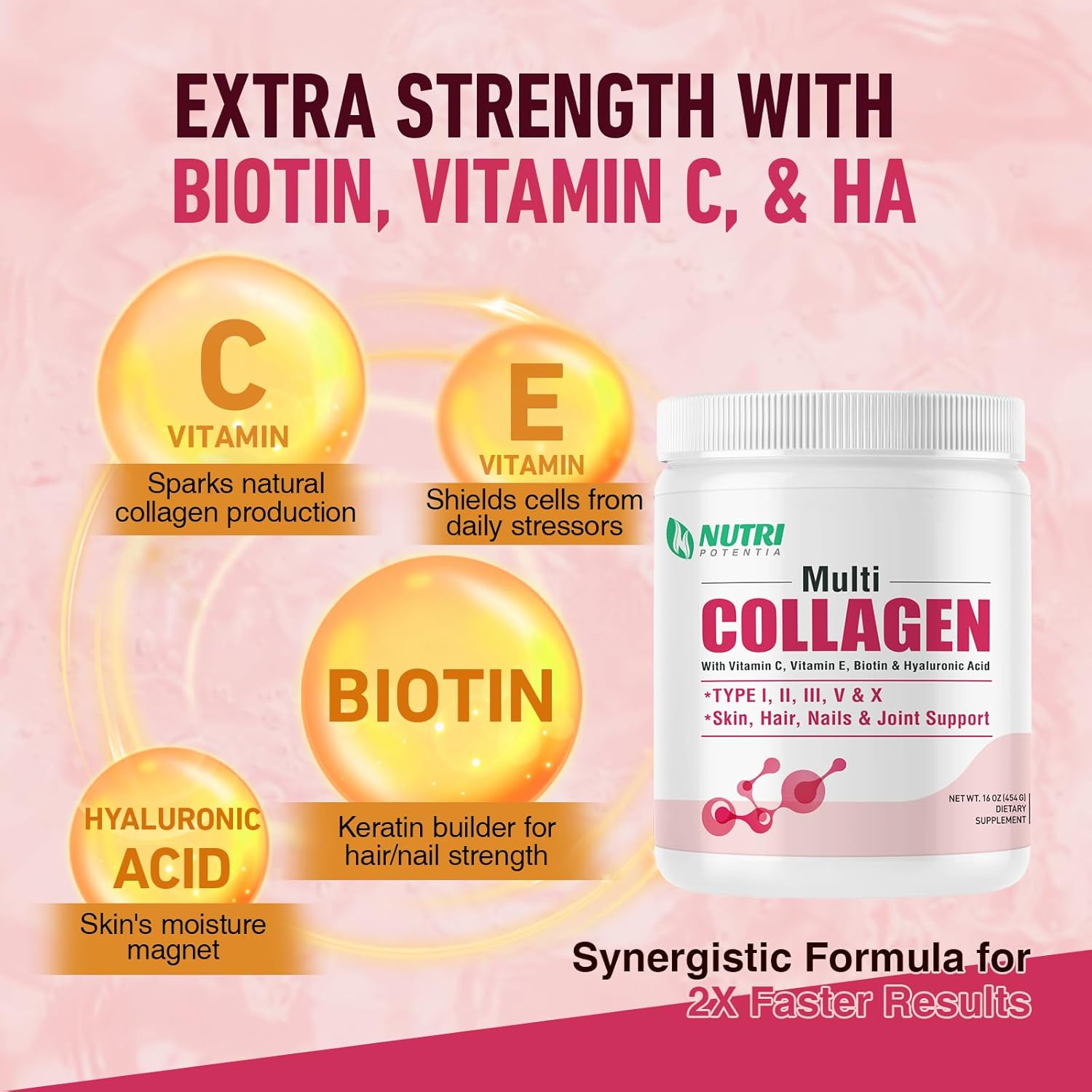 Multi Collagen Peptides Powder - Type I, II, III, V, X with Vitamin C, E & Hyaluronic Acid, Hair, Skin, Nail Support | Unflavored, Non-GMO, Easy Mix - 45 Servings