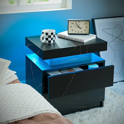 Miniatura 62 de Generic Juego de 2 Mesita de noche con 2 cajones, mesa de noche con cajones para muebles de dormitorio, mesa auxiliar con luz LED Blanco,Negro
