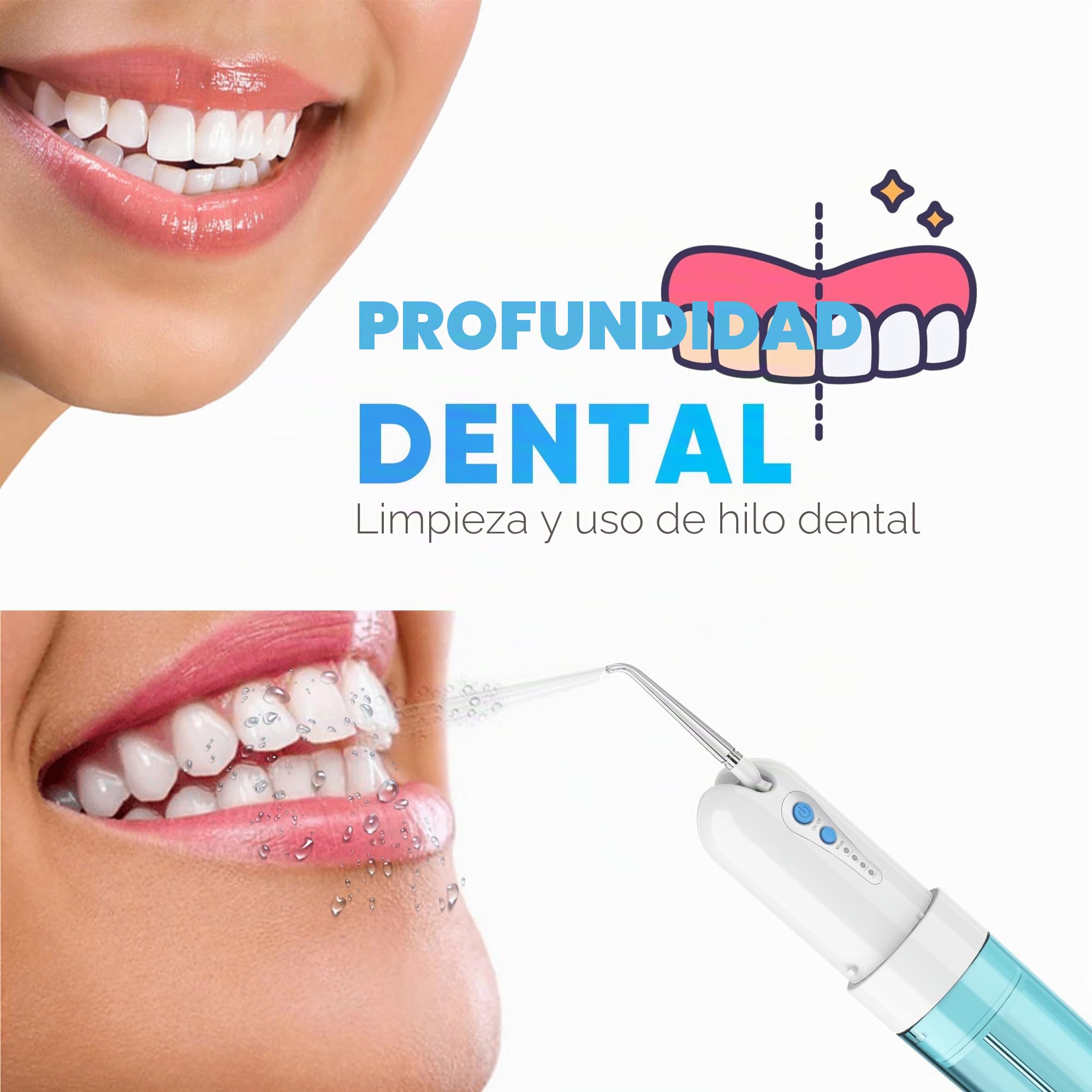 GEEDIAR Irrigador Bucal Portatil - 5 Boquillas, 4 Modos, 150ML, IPX7 Impermeable, Recargable USB-C, Limpieza Profunda para Dientes y Encías, Ideal para Hogar y Viajes, Azul