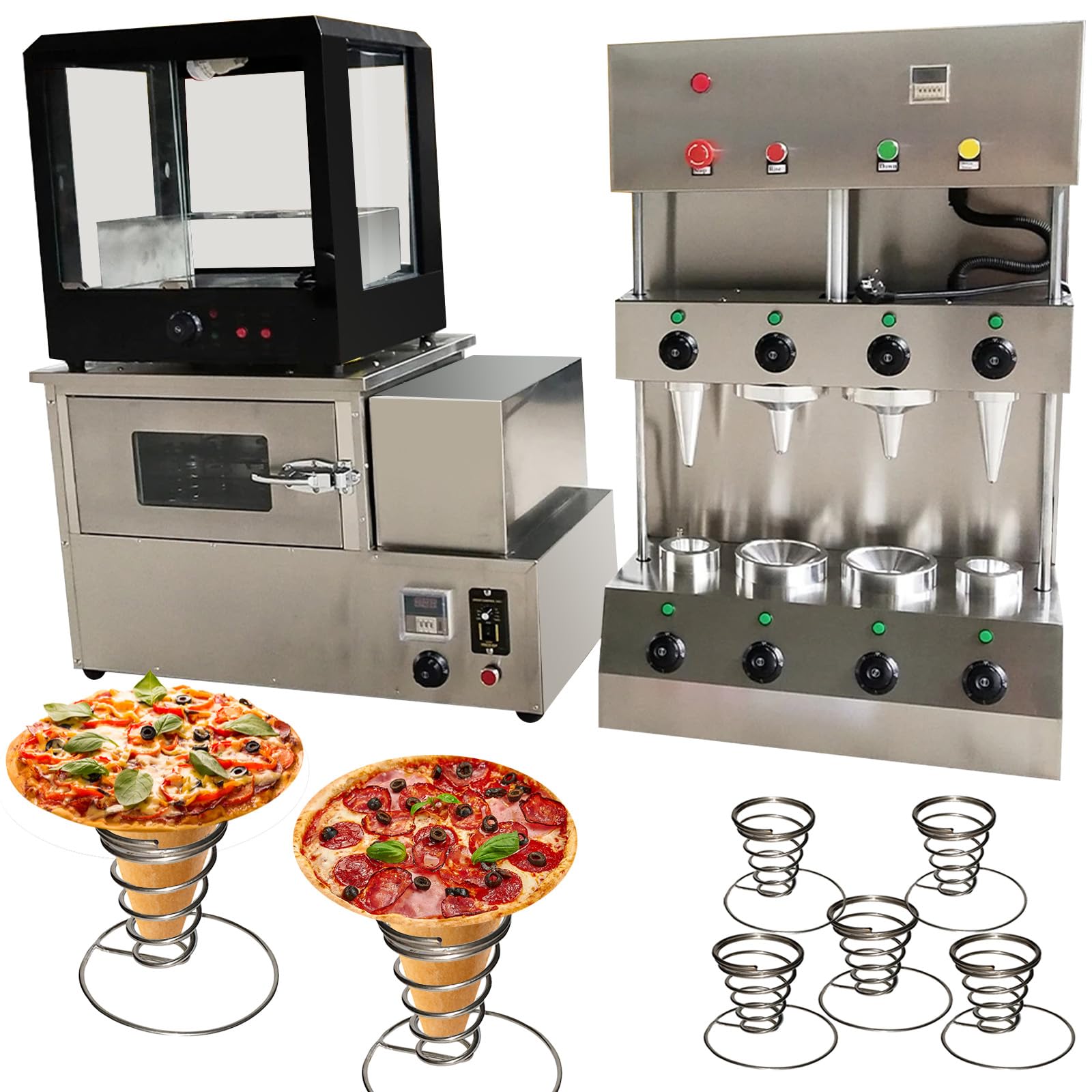TXMACHINE® Pizza cone machine 4 cone maker with pizza oven,display warmer,pizza cone making machine,4 shapes (2 cone+2 umbrella maker+oven+warmer, 120V/60HZ)