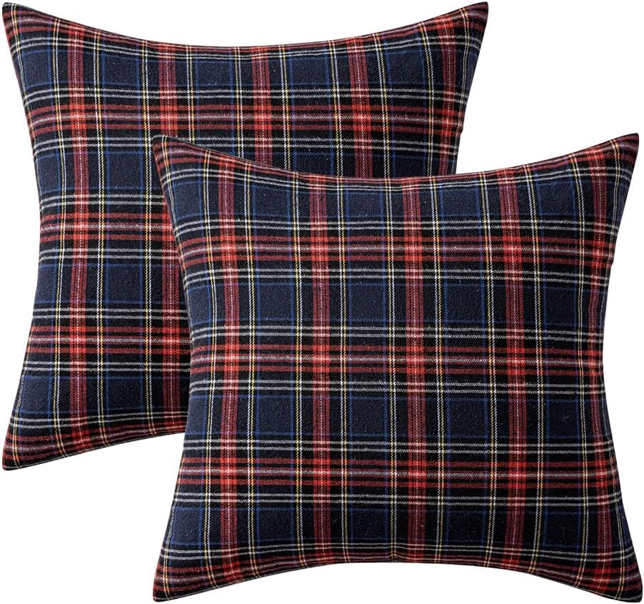 MIULEE Christmas Set of 2 Scottish Tartan Plaid Throw Pillow Covers Farmhouse Classic Decorative Outdoor Square Cushion Cases for Decor Sofa Couch 20x20 Inch, Blue