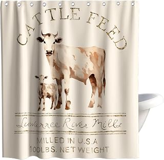 Rustic Fabric Shower Curtain Sets Farmhouse Bathroom Decor Sets Abstract Animal Cattle Feed Cow with Hooks Waterproof Washable Ivory White 60Wx72H Teal
