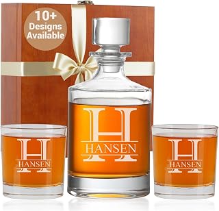 Personalized Whiskey Decanter Set, Custom Liquor Decanter 28.7oz, Wood Gift Box, Engraved Whiskey Glasses Set Options, Fathers Day, Birthday, Retirement Whiskey Gifts for Men, Dad