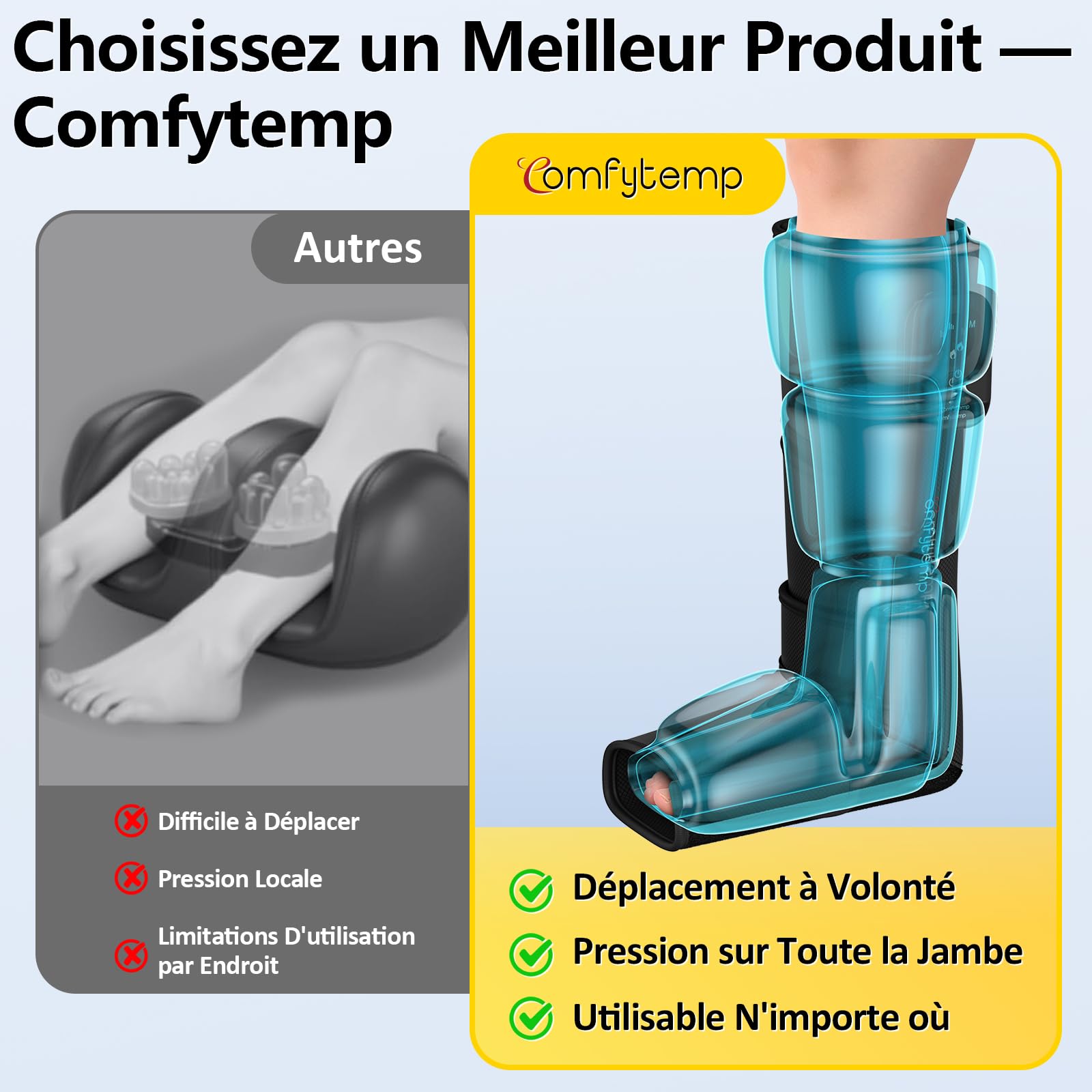 Comfytemp Massage Jambes Bottes Pressothérapie sans Fil pour Douleur et Relaxation, Massage par Compression, Batterie 2500mAh, Réglages DIY Masseur pour Jambes et Pieds, Idée Cadeau pour Maman, Papa