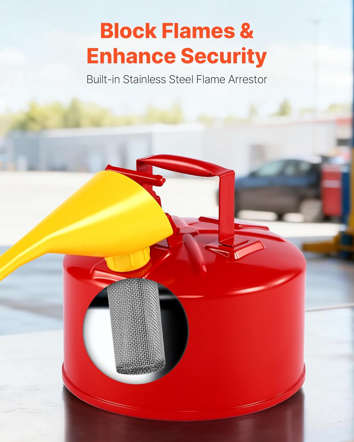 VEVOR Safety Metal Container, 2.5 Gallon Type I Red Metal Container for Liquid Material with Stainless Steel Flame Arrester, Self-Closing Lid & PE Funnel, Carbon Steel Flammable Saving with Handle